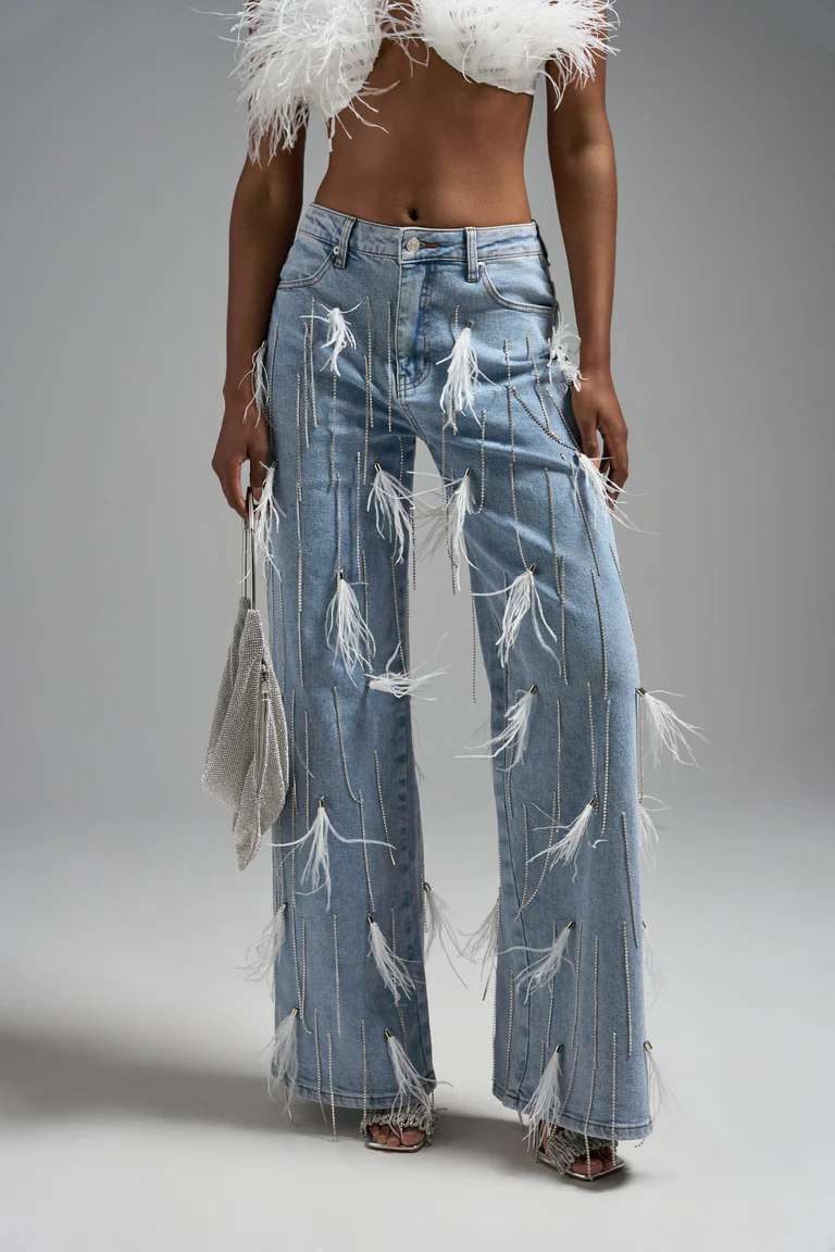 Feather Embellished Shake Denim Jeans
