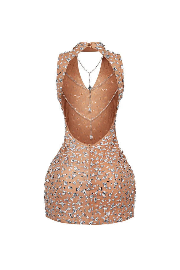 Gina Rhinestone Mesh Halter Mini Dress