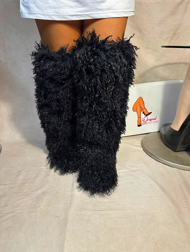 Black Thigh High Curly Fur Flat Boot