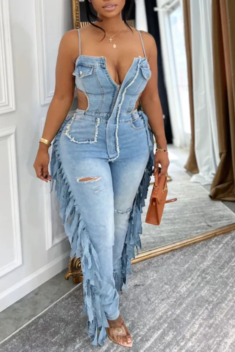 Strappy Patchwork Sexy Casual Denim Jumpsuit