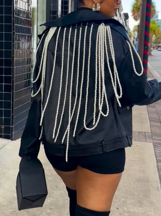 Black Biker Jacket With Cascaded Pearl