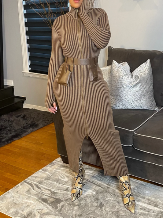 Slim-Fit Ribbed Knit High-Neck Dress