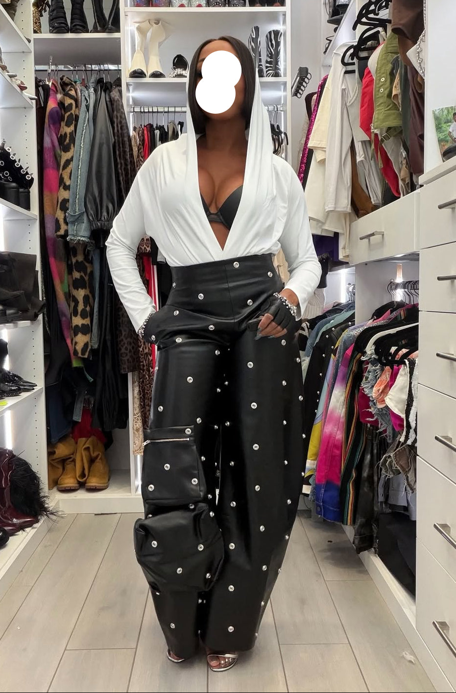 Diamond-Embellished High-Waisted Leather Pants & Shirt Jumpsuit Set