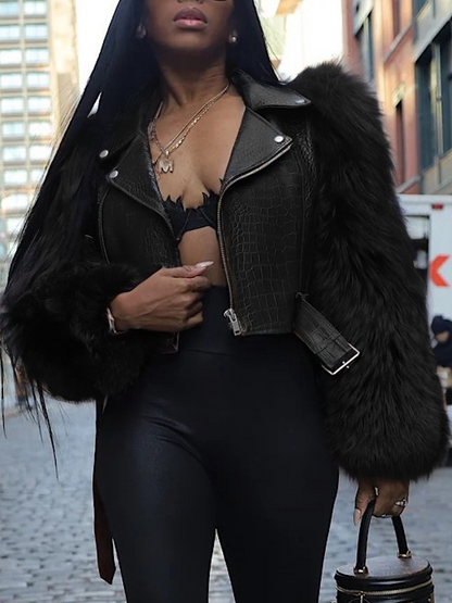 Patchwork Fur Faux Crocodile Leather Coat