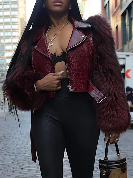 Patchwork Fur Faux Crocodile Leather Coat