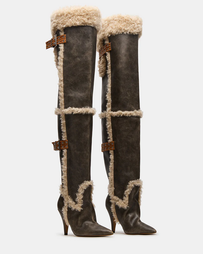 Baddie Faux Fur Brown Distressed Boots