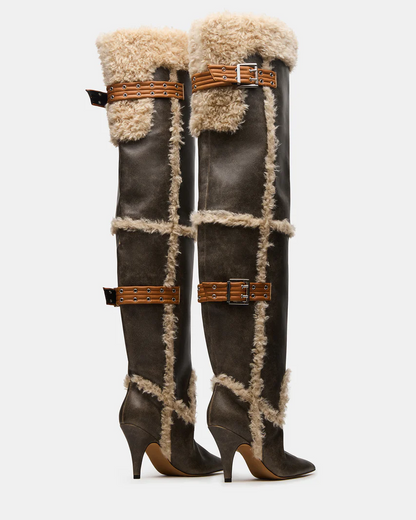 Baddie Faux Fur Brown Distressed Boots