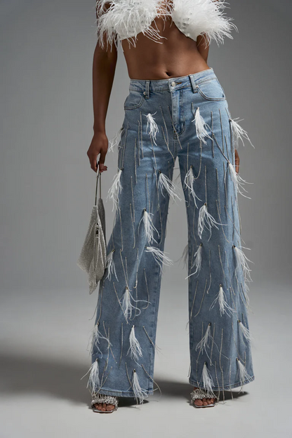 Feather Embellished Shake Denim Jeans