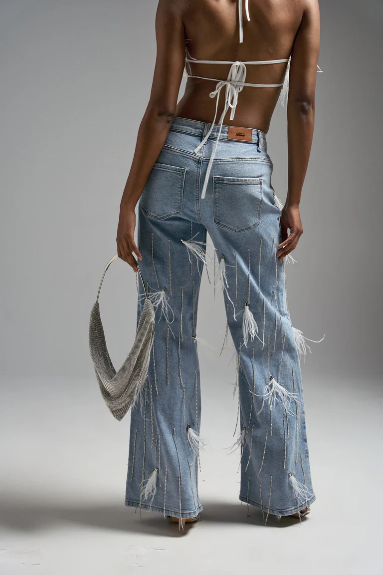 Feather Embellished Shake Denim Jeans