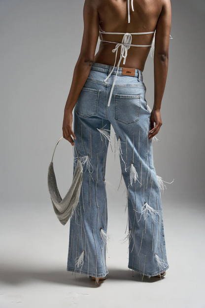 Feather Embellished Shake Denim Jeans
