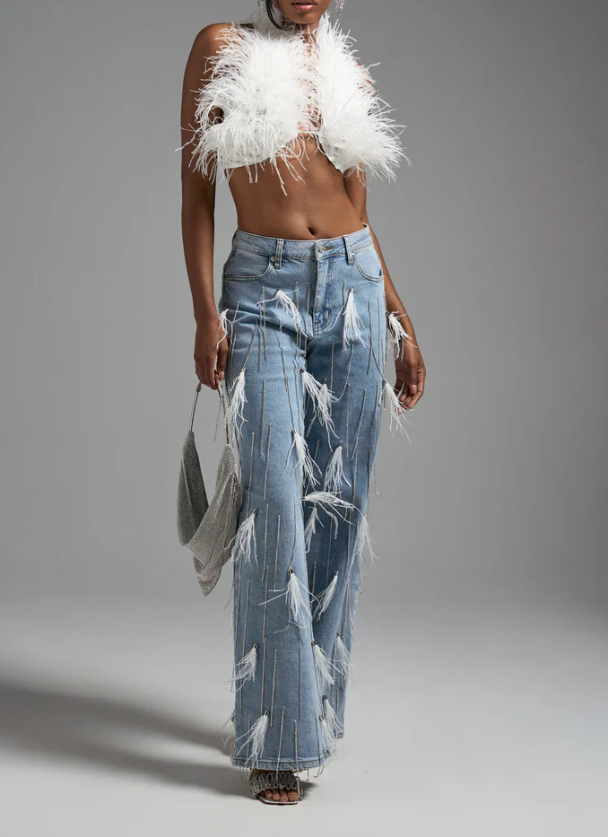 Feather Embellished Shake Denim Jeans