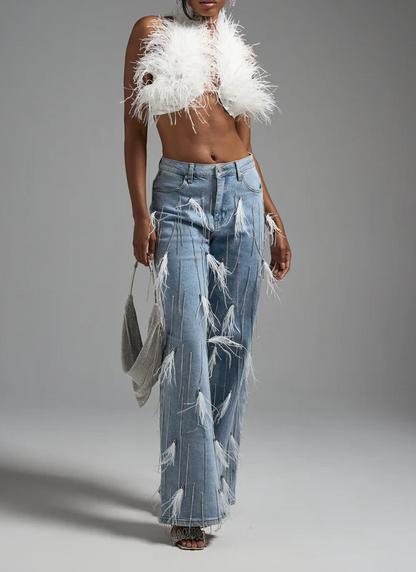 Feather Embellished Shake Denim Jeans