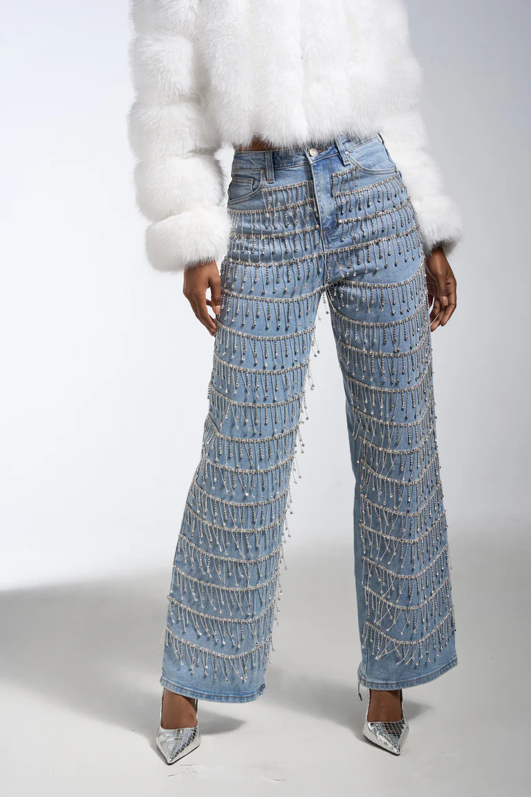 Drop Crystal Decorative Denim Jeans
