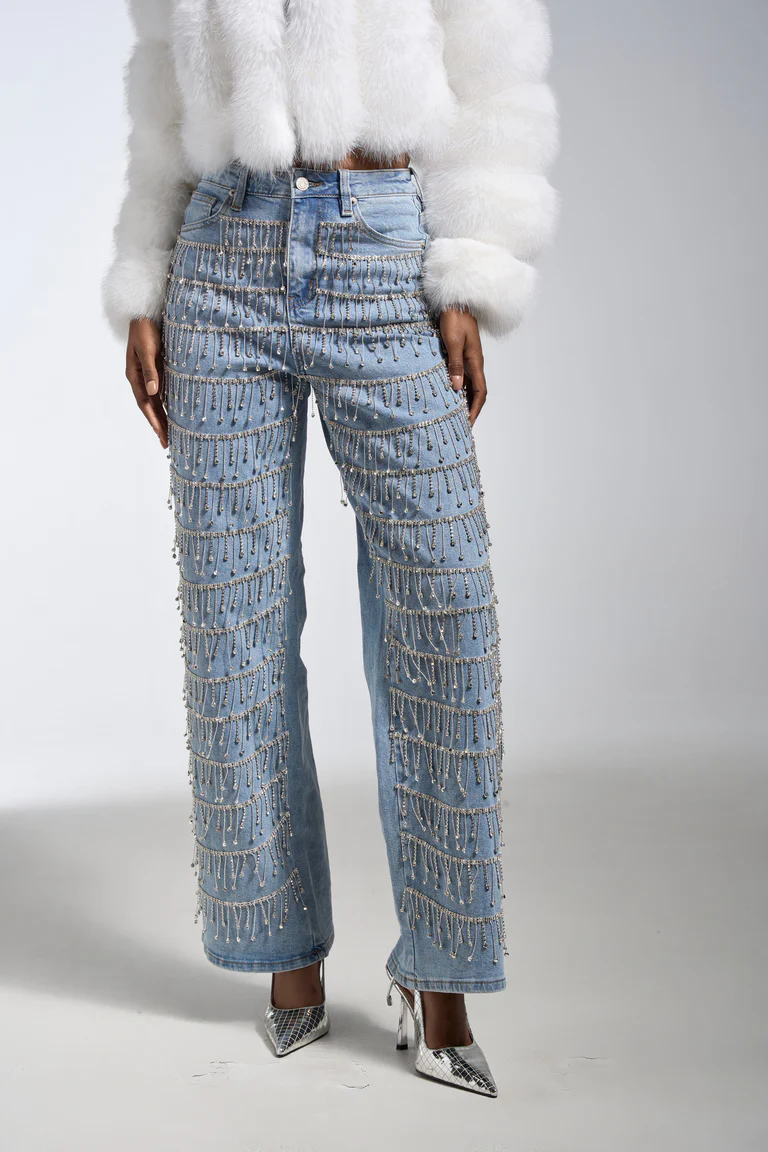 Drop Crystal Decorative Denim Jeans