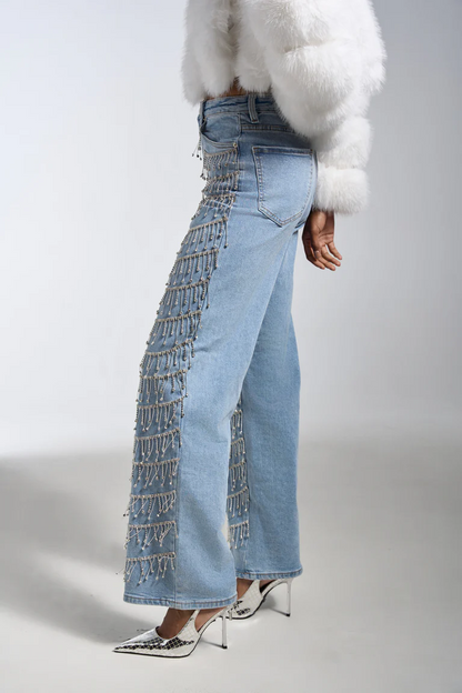 Drop Crystal Decorative Denim Jeans
