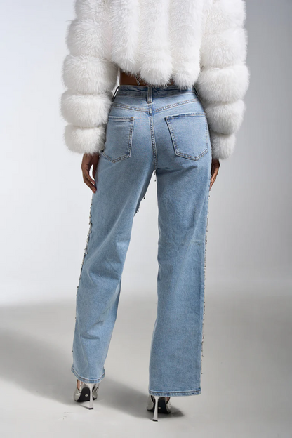 Drop Crystal Decorative Denim Jeans