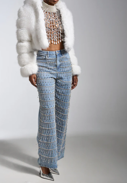 Drop Crystal Decorative Denim Jeans