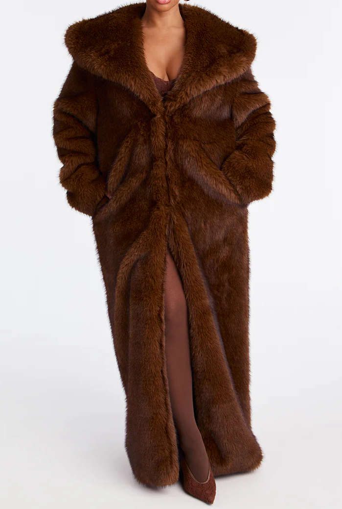 Two-Tone Long Faux Fur Coat