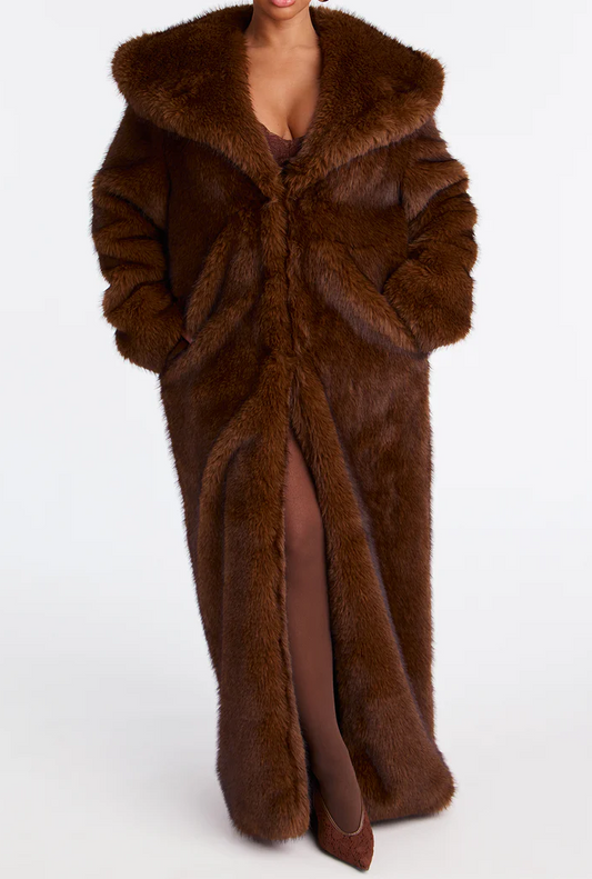 Two-Tone Long Faux Fur Coat