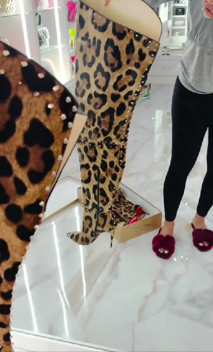 Leopard Print Studded Over-The-Knee Boots