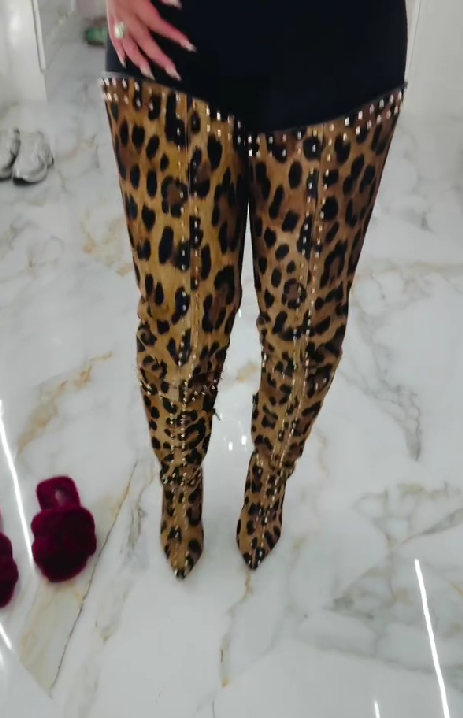 Leopard Print Studded Over-The-Knee Boots