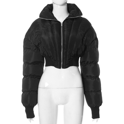 Collared Zipper Long-Sleeve Slim-Fit Short Jacket/Padded Coat