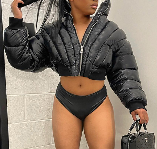 Collared Zipper Long-Sleeve Slim-Fit Short Jacket/Padded Coat