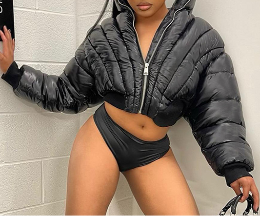 Collared Zipper Long-Sleeve Slim-Fit Short Jacket/Padded Coat