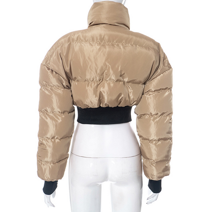 Collared Zipper Long-Sleeve Slim-Fit Short Jacket/Padded Coat