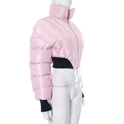 Collared Zipper Long-Sleeve Slim-Fit Short Jacket/Padded Coat