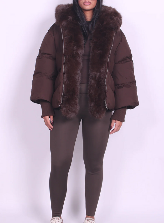 Brown Short Down Jacket With Detachable Fur Collar