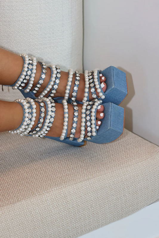 Denim Pearl Platform Heels