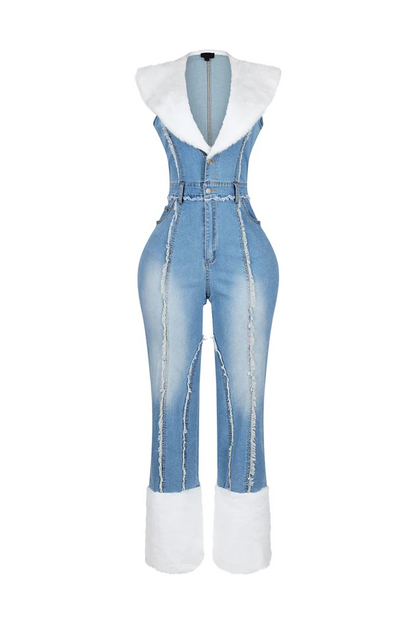 Flurry Charm Faux Fur Denim Jumpsuit