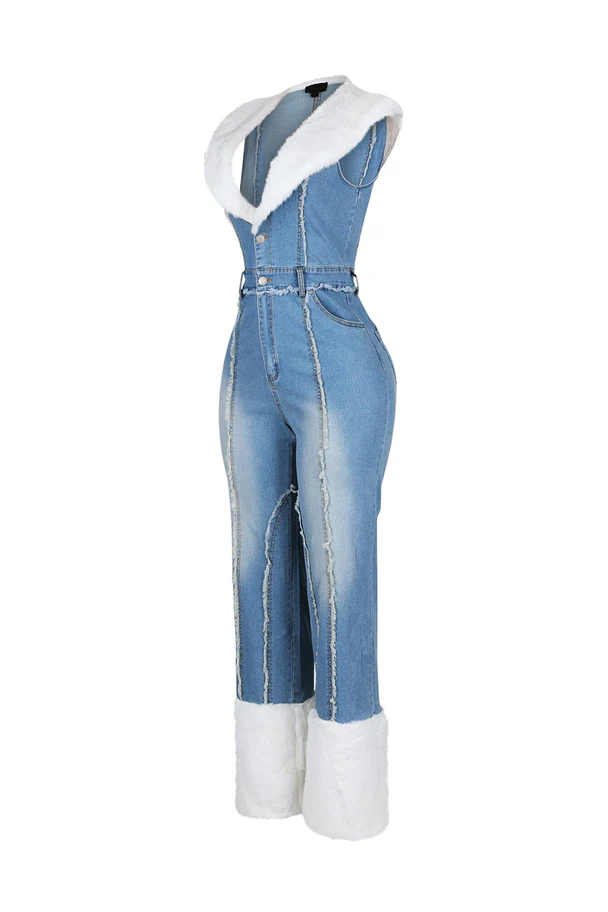 Flurry Charm Faux Fur Denim Jumpsuit