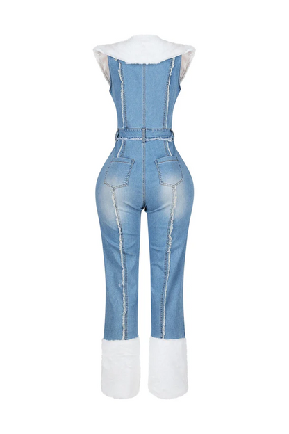 Flurry Charm Faux Fur Denim Jumpsuit
