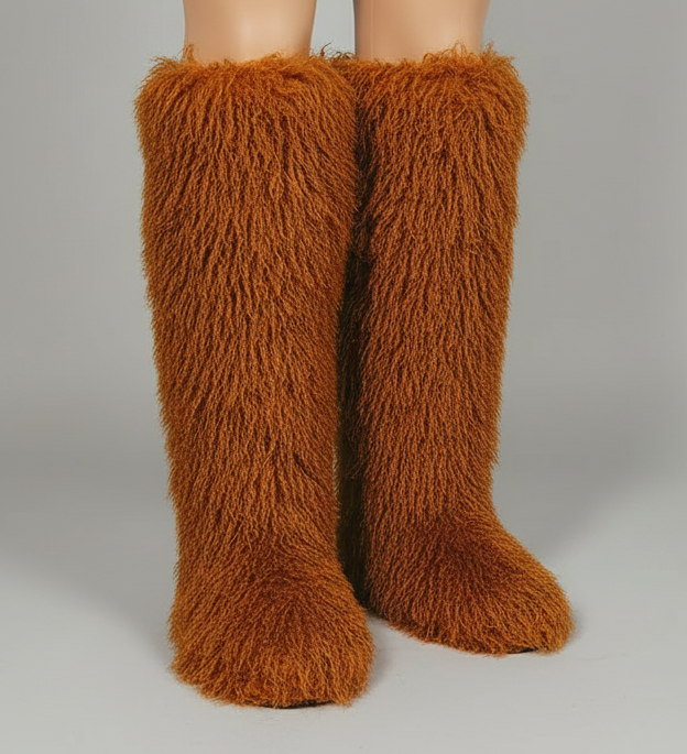 Tan Thigh High Curly Fur Flat Boot