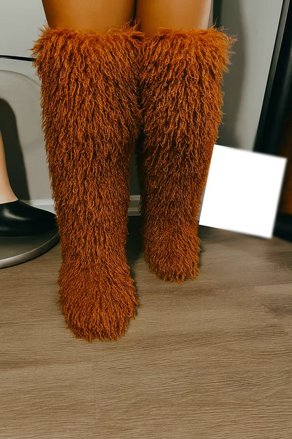 Tan Thigh High Curly Fur Flat Boot
