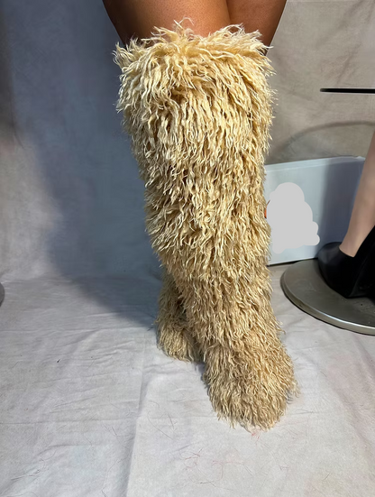 Nude Thigh High Curly Fur Flat Boot