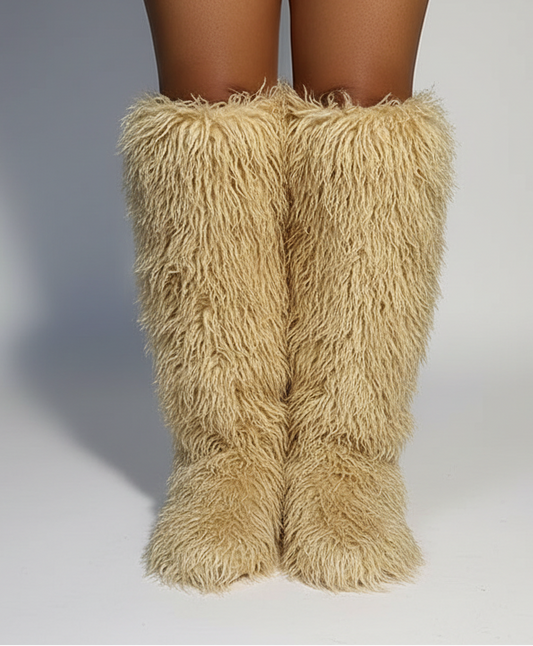 Nude Thigh High Curly Fur Flat Boot