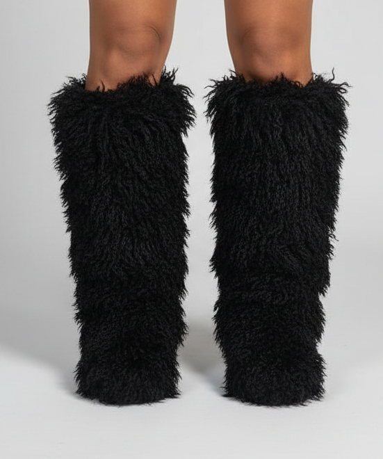 Black Thigh High Curly Fur Flat Boot