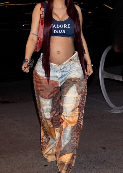 Loose-Fitting Printed Color-Blocked Jeans