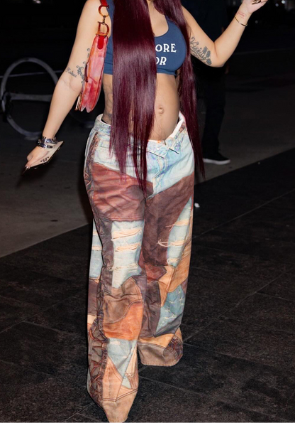 Loose-Fitting Printed Color-Blocked Jeans