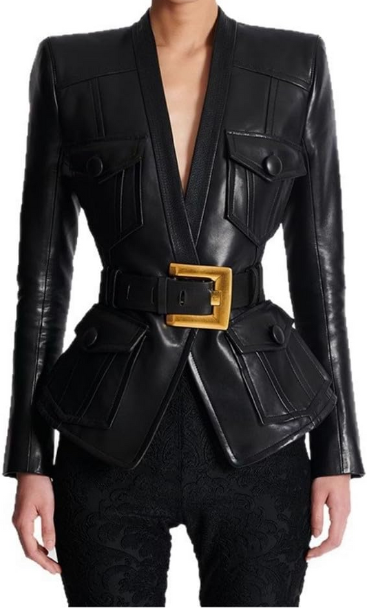 Genuine Leather V-neck Jacket With Belt