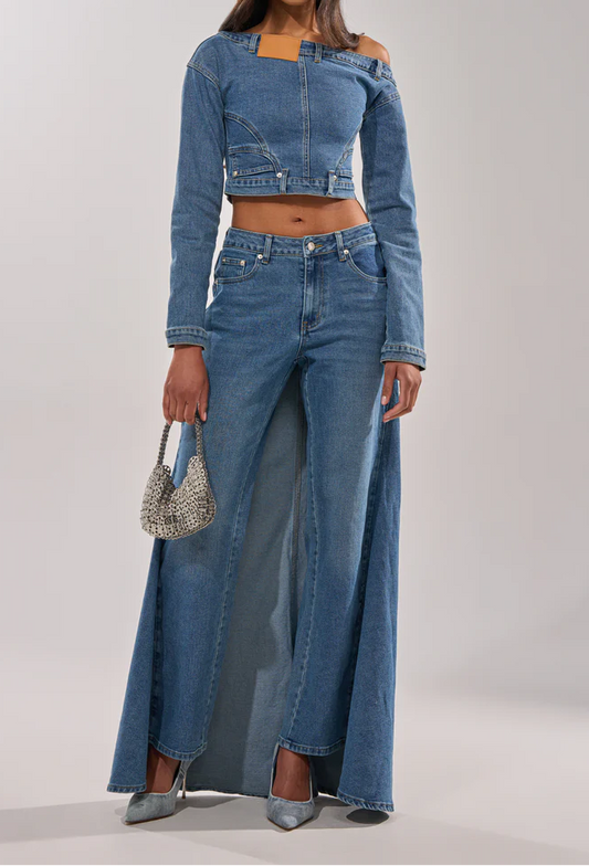 Shake It Off Denim Off The Shoulder Top & Skirt Pants