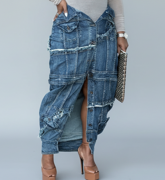 Patchwork Denim Maxi Skirt