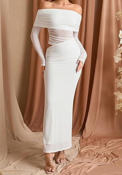 Off Shoulder Long Sleeve Maxi Dress Cutout Mesh