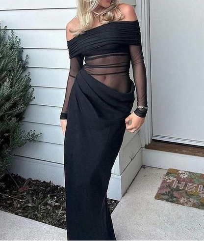 Off Shoulder Long Sleeve Maxi Dress Cutout Mesh