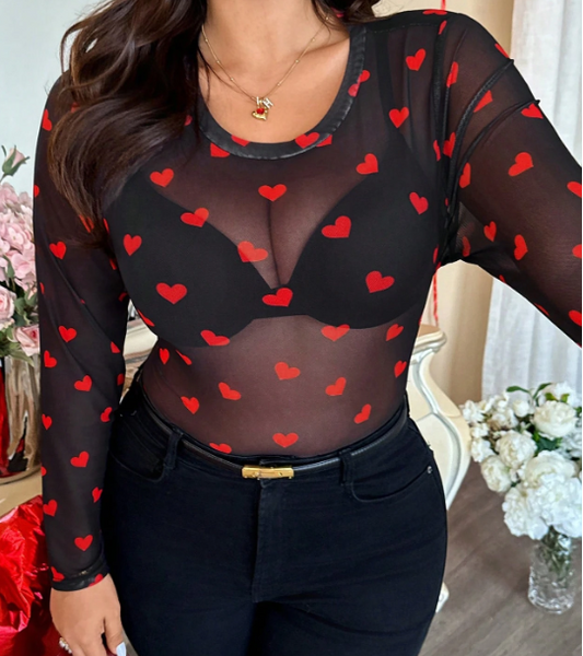 Heart-Shaped Mesh See-Through Long-Sleeved T-Shirt
