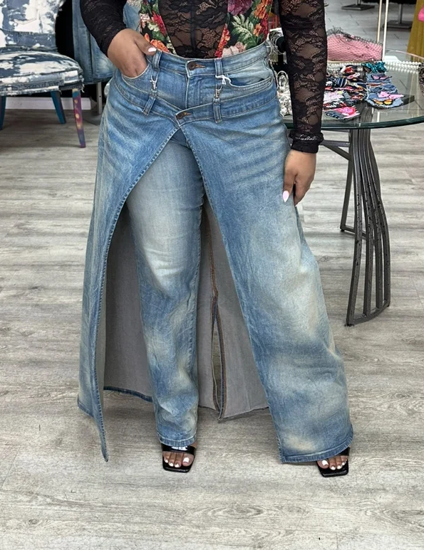 Faux Two-Piece Denim Skirt & Pants