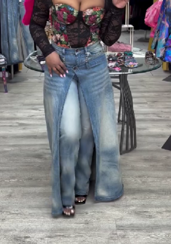 Faux Two-Piece Denim Skirt & Pants